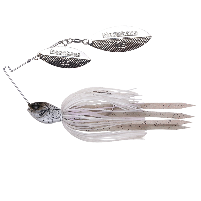 Megabass SV3 Spinnerbait (DW) fishing lure with two silver spinner blades and a white skirt with speckled soft plastic tails, designed for musky fishing.
