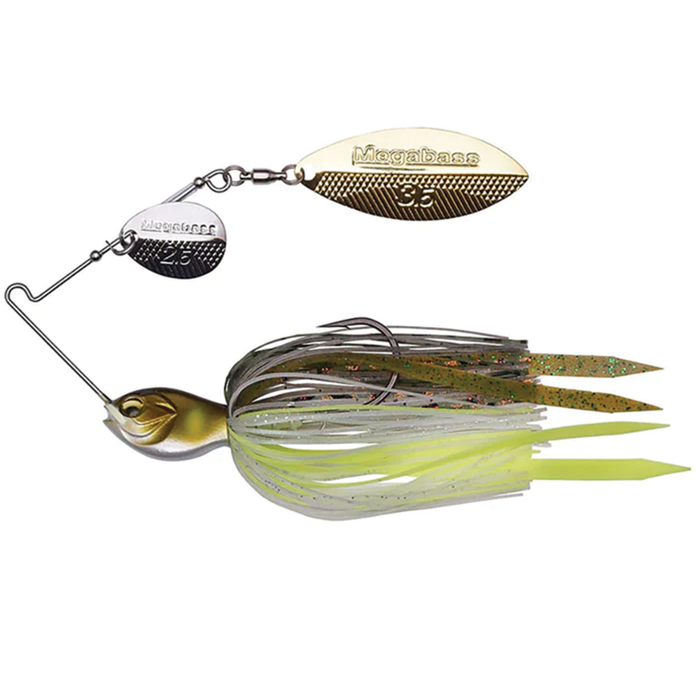 Megabass SV3 Spinnerbait SR fishing lure with gold and silver spinner blades, detailed head, and multi-colored skirt designed for effective fishing tackle performance.