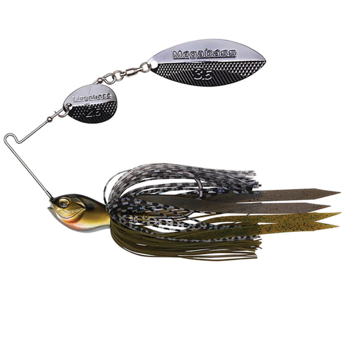 Megabass SV3 Spinnerbait SR fishing lure with dual silver spinner blades, lifelike fish-shaped head, and multi-colored skirt designed for effective fishing tackle use.