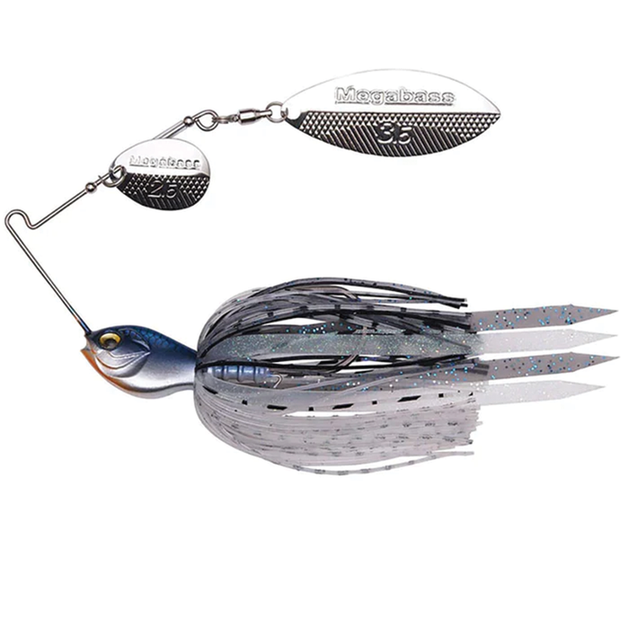 Megabass SV3 Spinnerbait SR with detailed blue and silver fish head, silver dual spinner blades, and black and silver skirt with reflective blue flecks designed for fishing tackle use.