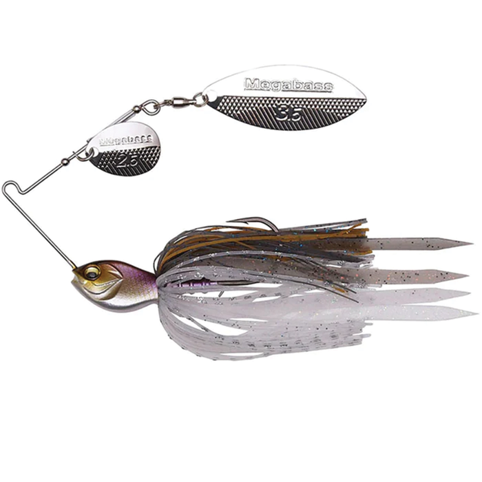 Megabass SV3 Spinnerbait SR with dual silver blades and a realistic fish head featuring a multi-colored skirt in shades of purple, gray, and brown, designed for effective fishing tackle use.