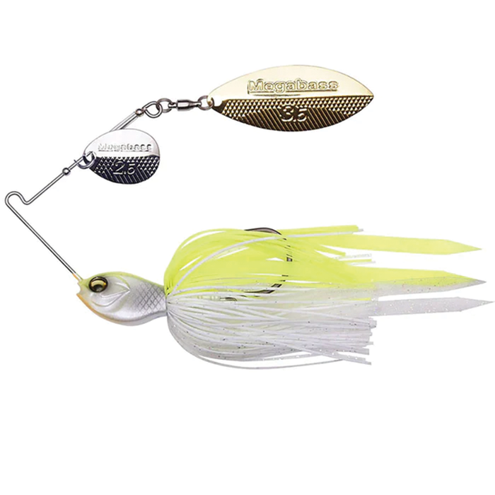 Megabass SV3 Spinnerbait SR with a silver and chartreuse skirt, detailed fish-shaped head, and dual gold and silver spinning blades designed for effective fishing tackle use.
