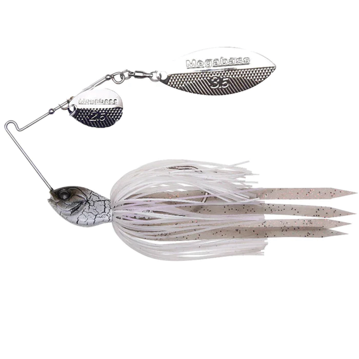 Megabass SV3 Spinnerbait SR featuring a detailed fish-shaped head, silver dual spinning blades, and a white skirt with speckled trailer, designed for effective fishing tackle use.