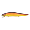 Megabass Vision 110 SR fishing lure with a detailed design featuring black, orange, and yellow gradient colors, realistic eyes, and a small diving lip for fishing tackle use.