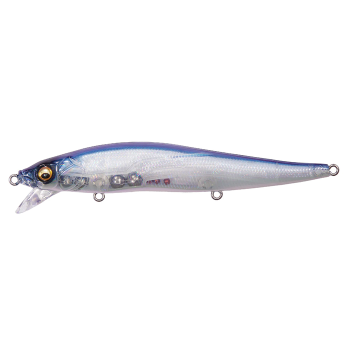 Megabass Vision 110 SR fishing lure in translucent blue and silver with realistic fish eye detailing and internal metal ball weights for enhanced casting and movement.