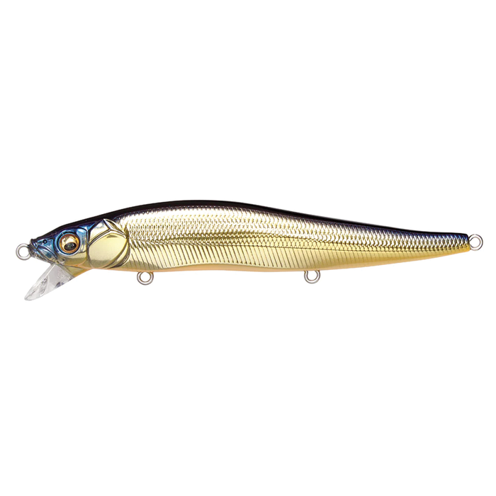 Megabass Vision 110 SR fishing lure with a streamlined, fish-like design featuring a shiny gold body, dark back, and detailed textured scales for realistic presentation.