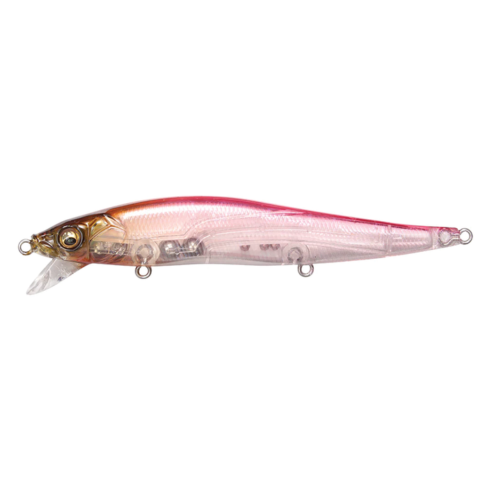 Megabass Vision 110 SR fishing lure with a transparent pink body and realistic fish details, designed for effective presentation in fishing tackle setups.
