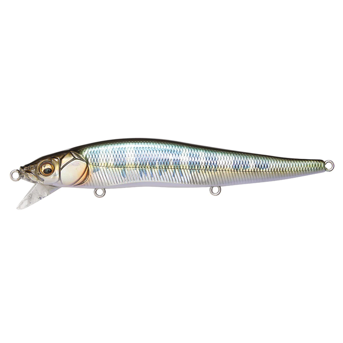 Megabass Vision 110 SR fishing lure in a realistic minnow design with green and silver scale pattern, detailed eyes, and a clear diving lip for freshwater fishing tackle.