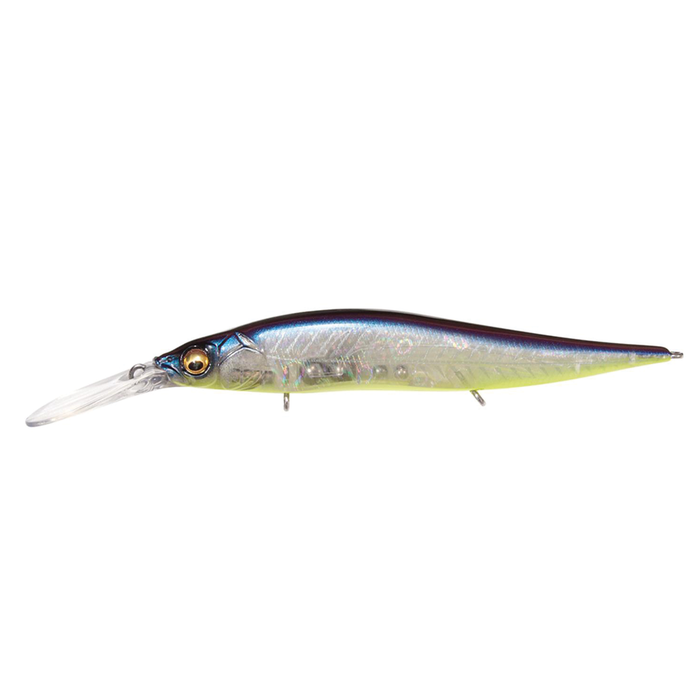 Megabass Vision 110+2 Jr. fishing lure featuring a slender, minnow-shaped body with a reflective blue, silver, and yellow finish designed for attracting musky fish.