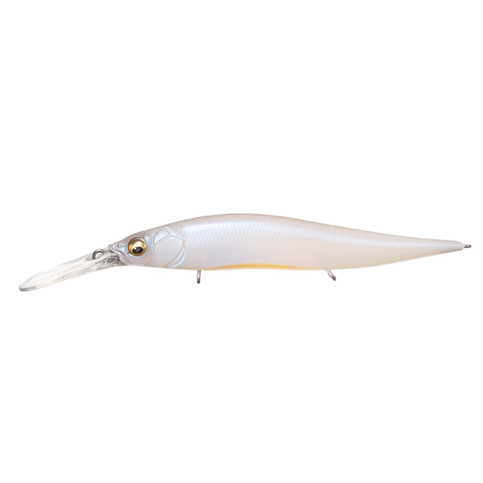 Megabass Vision 110+2 Jr. fishing lure in pearlescent white with detailed scales, lifelike gold eye, and extended clear diving lip for effective fishing tackle use.