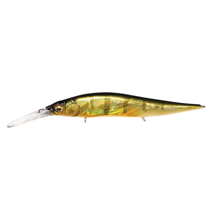 Megabass Vision 110+2 Jr. fishing lure with a sleek, elongated body in gold and black, designed for attracting musky and other game fish.
