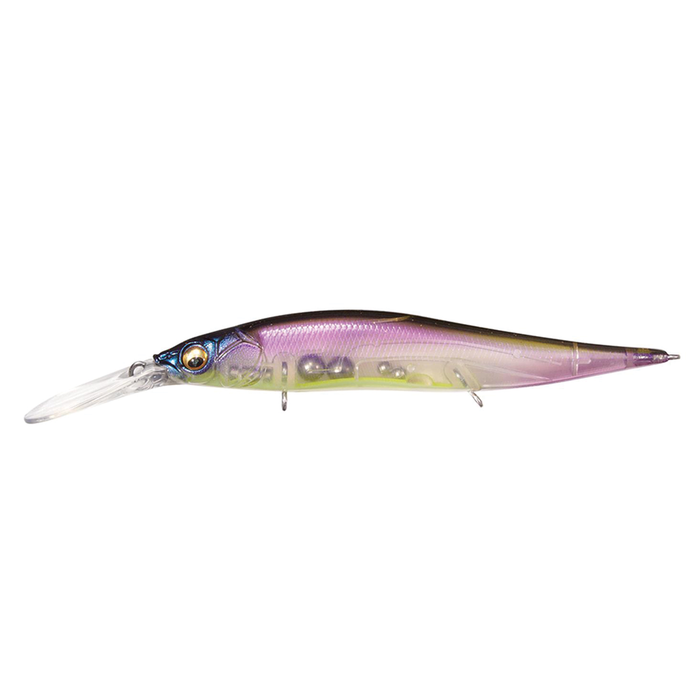 Megabass Vision 110+2 Jr. fishing lure in translucent purple and green with realistic 3D eyes and internal weight system, designed for precise, lifelike movement in water.