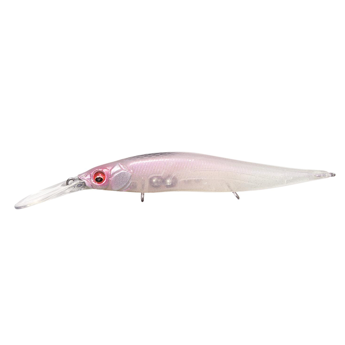 Megabass Vision 110+2 Jr. fishing lure with a slender, translucent body, light pink tint, and detailed red eye designed for precise and effective fishing tackle use.