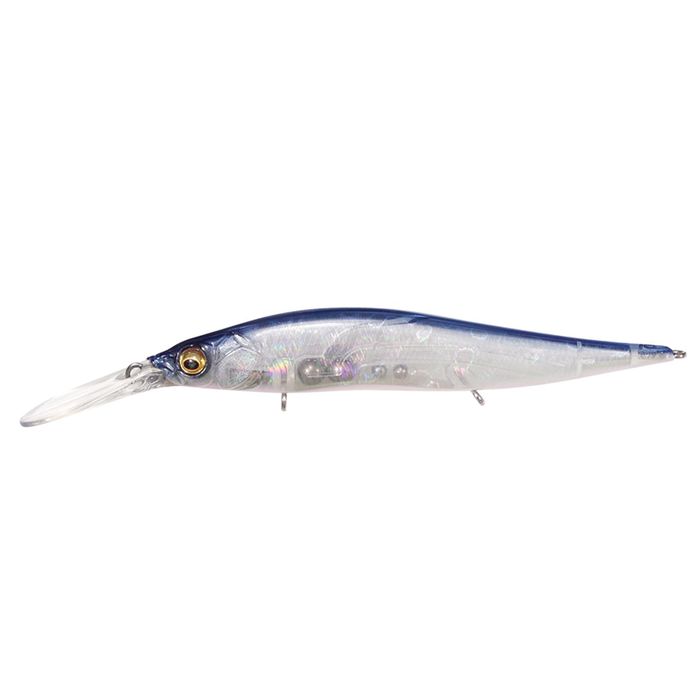 Megabass Vision 110+2 Jr. fishing lure with a sleek, shiny blue and silver body, detailed eye, and extended clear diving lip designed for precise underwater movement.