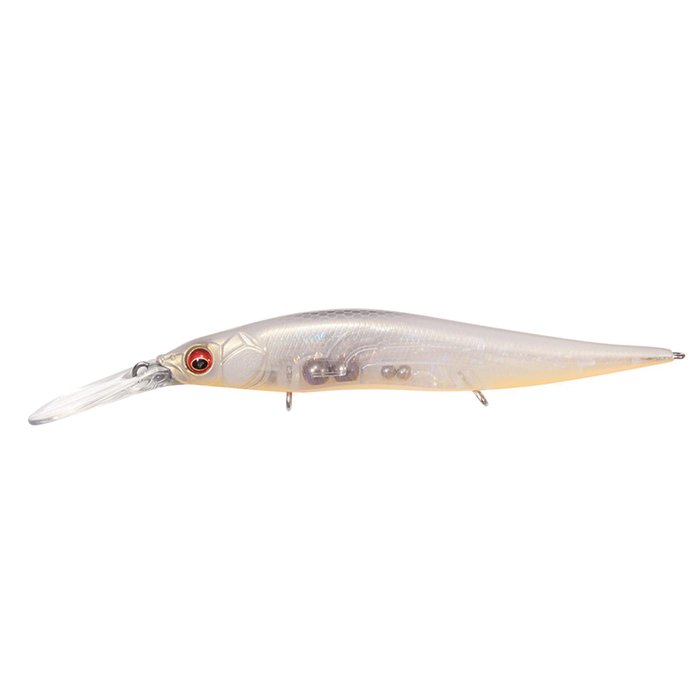 Megabass Vision 110+2 Jr. fishing lure featuring a translucent body with internal weights, realistic red eye detail, and a clear diving lip for optimal action in water.
