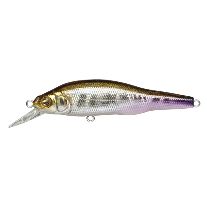 Megabass X-80 Trick Darter fishing lure with a reflective gold and silver finish, designed to mimic a small baitfish for effective fishing tackle use.