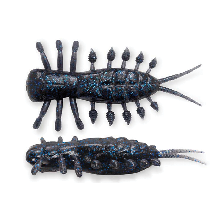 Two black fishing lures with blue speckles, designed with multiple textured appendages and segmented bodies, for use as Megabass Yagot fishing tackle.