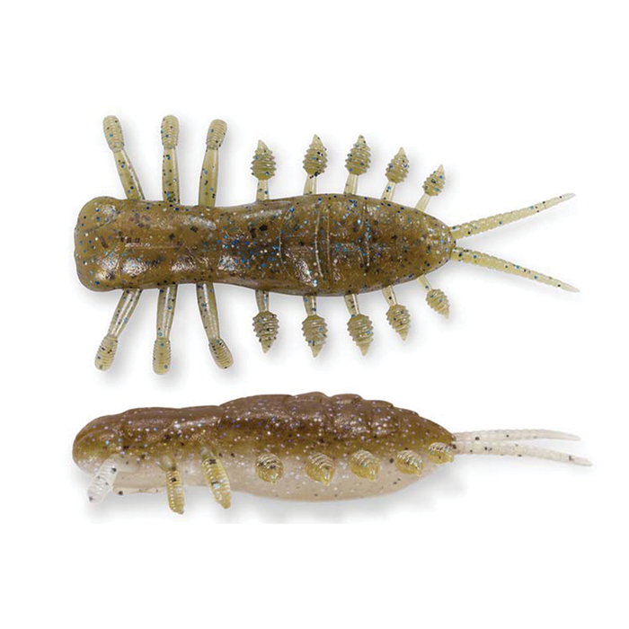 Two soft plastic fishing lures designed to resemble small aquatic creatures with segmented bodies, multiple legs, and antennae, labeled as Megabass Yagot.