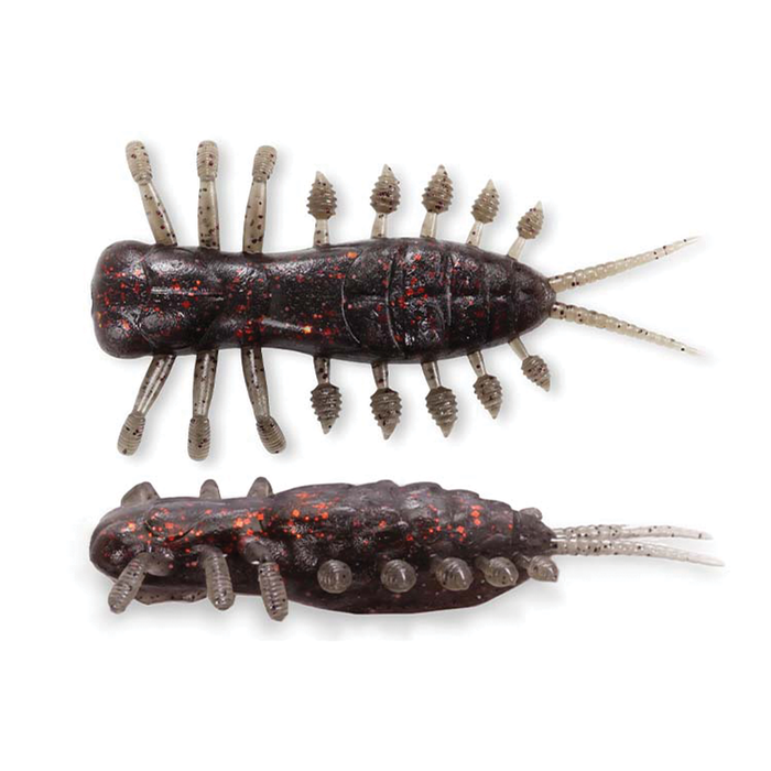 Two dark, segmented soft plastic fishing lures with red flecks and multiple legs, designed to mimic aquatic insects, identified as Megabass Yagot.
