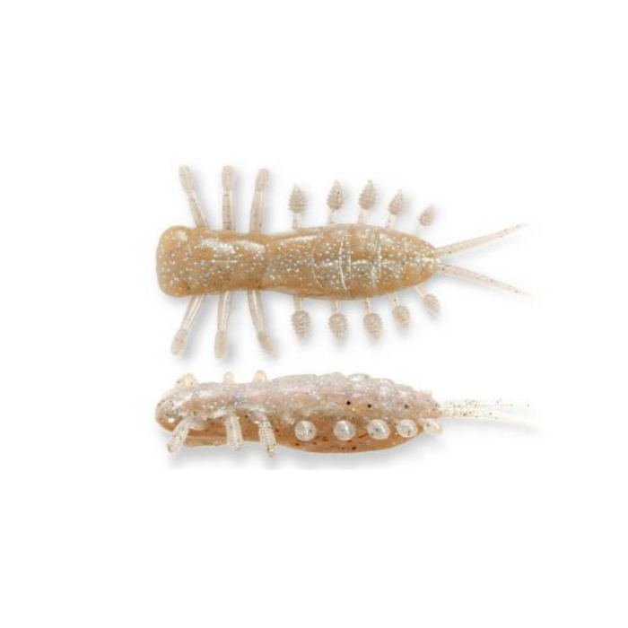 Megabass Yagot soft fishing lure in a natural translucent brown color with ribbed body multiple legs and trailing appendages