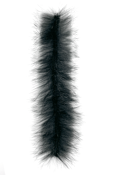 Black fluffy fishing lure with soft hair fibers, designed as the MFC Bunny Brush for musky and fly fishing tackle.