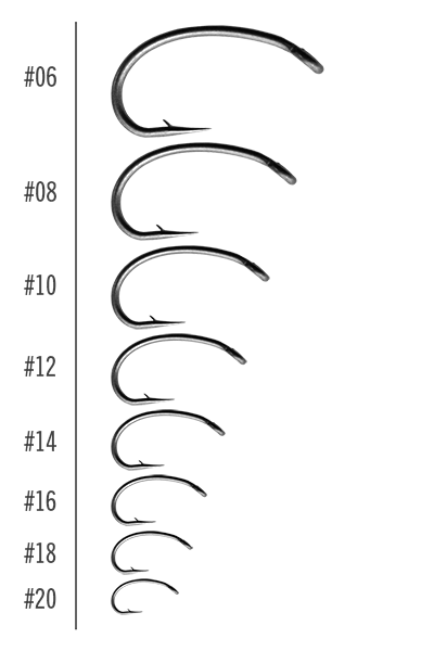 MFC Heavy Wire Scud Hook displayed in a vertical size comparison from largest #6 to smallest #20, showing sharp curved hooks designed for fishing tackle use.