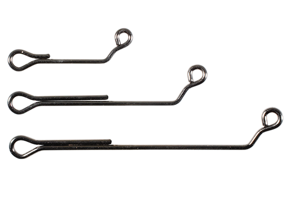 Three black metal MFC Jig Shank fishing tackle pieces in varying sizes with looped ends and sharp bends, designed for creating fishing lures.