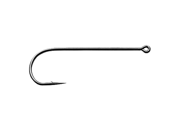 Single metallic fishing hook with a sharp pointed tip and an eyelet at the end, shown against a white background, MFC Kelly Galloup's Vertical Eye Streamer Hook.