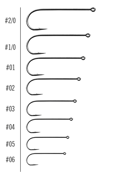 MFC Kelly Galloup's Vertical Eye Streamer Hook sizes displayed in a vertical arrangement, showing various hook sizes from #2/0 to #06 with sharp curved points and eyelets for fishing tackle use.
