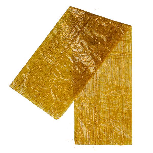 Two rectangular sheets of translucent amber-colored material with textured patterns representing the MFC Medallion Sheeting Gen 2 used for fishing tackle customization.