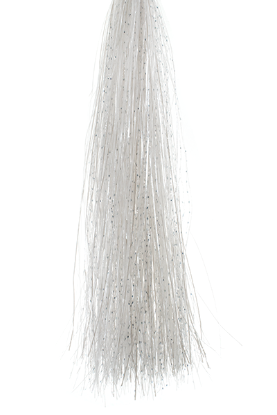 White and silver fine fibers with a subtle shimmer, designed as fishing tackle material for creating lures, identified as MFC Senyo's Shadow Fiber Blend.