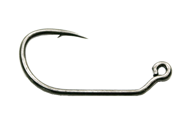 A close-up of an MFC Tactical Jig Hook, featuring a sharp, curved metal fishing hook with a small eyelet for attaching fishing tackle.