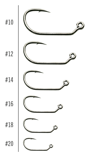 Set of six MFC Tactical Jig Hook fishing hooks in varying sizes from #10 to #20, displayed in descending order, designed for precise fishing tackle applications.