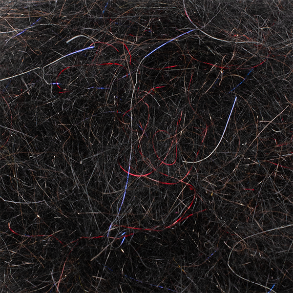 Close-up view of MFC UV Spicy Squirrel Dubbing, showing fine dark fibers mixed with subtle red and blue strands used for fly fishing tackle and lure crafting.
