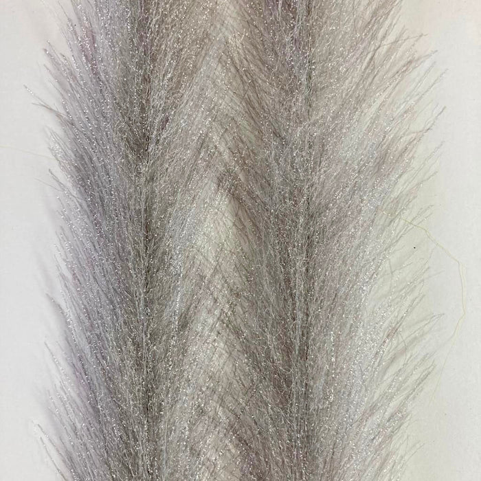 Mimic Faux Feather Brush showing two light grey synthetic feather-like fibers with fine, translucent strands designed for detailed fishing lure and tackle customization.