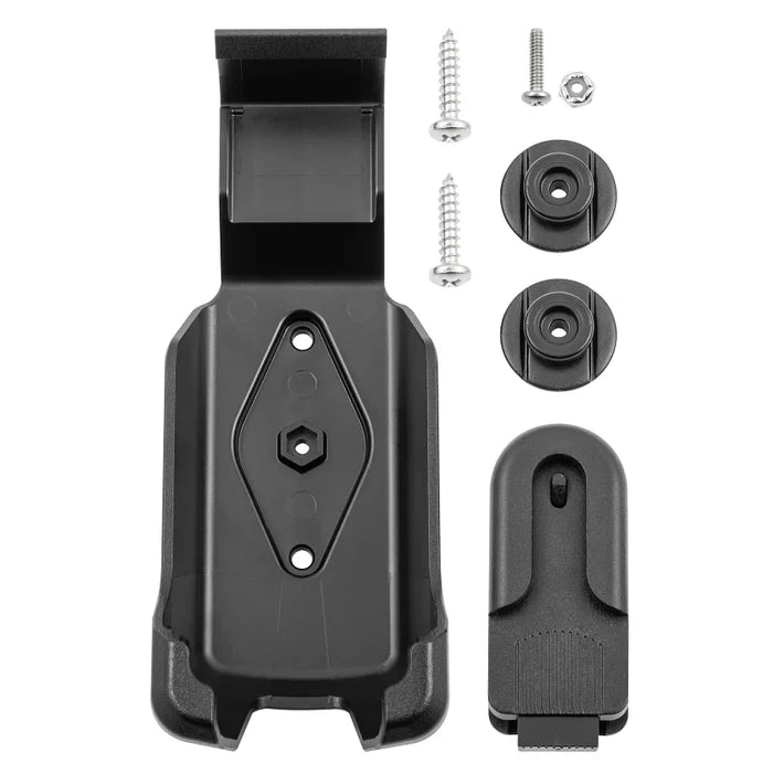 Minn kota Advance GPS Remote Cradle SKU:1866675 including black mounting cradle, two round mounting bases, a connector piece, and three metal screws with a nut, designed for marine electronics installation.