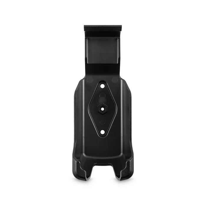 Black plastic mounting cradle designed to securely hold a device, featuring a central screw hole and clip, Minn kota Advance GPS Remote Cradle SKU:1866675.