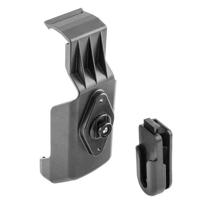 Minn kota Advance GPS Remote Cradle SKU:1866675 in black durable plastic with mounting clip and locking mechanism, designed for secure attachment of marine electronics.