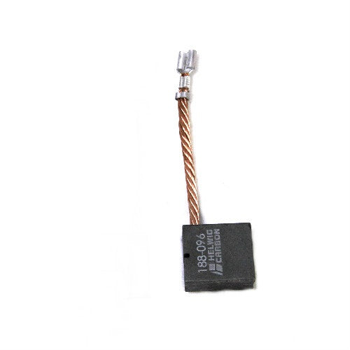 Small rectangular carbon brush with twisted copper wire lead and metal connector, labeled Minn Kota BRUSH 4.75" (N/A) P/N: 188-096, used for fishing tackle electronics.