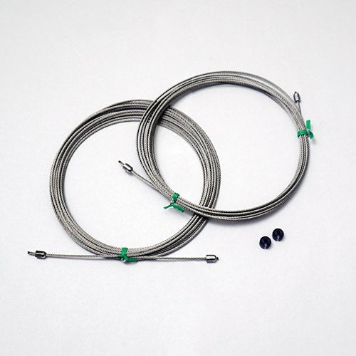 Minn Kota CABLE RPLCMNT KIT, 10', 3 STG P/N: 2887501 showing two coiled steel cables with metal fittings and two small black rubber grommets on a white background.