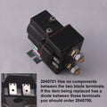 Black electrical relay with two blade terminals and metal mounting bracket, labeled Minn Kota CONTCTOR(CURTIS#SW80-1884P)(~) P/N: 2040701, used in fishing tackle and marine electronics.