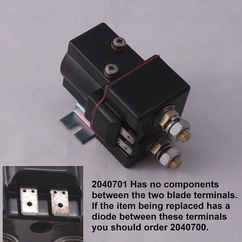 Black electrical relay with two blade terminals and metal mounting bracket, labeled Minn Kota CONTCTOR(CURTIS#SW80-1884P)(~) P/N: 2040701, used in fishing tackle and marine electronics.