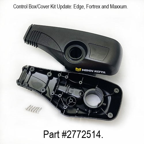 Minn Kota CONTROL BOX/CVR KIT UPDATE P/N: 2772514 showing a black two-piece plastic control box and cover kit with screws for marine electronics used in fishing boats.