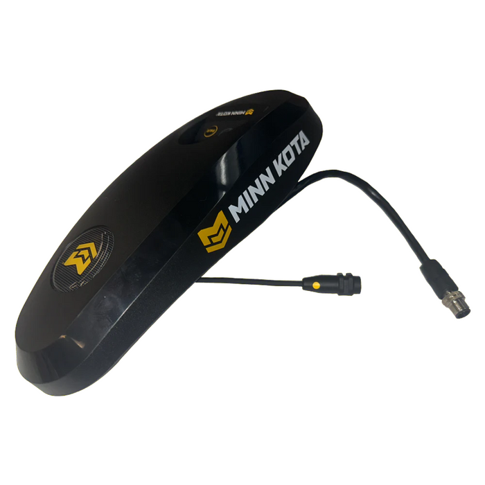 Black Minn Kota CONTROLLER,ADV GPS NAV,TRV/UTX P/N: 2774103 fishing device with yellow logo and attached cable with connector for marine electronics use