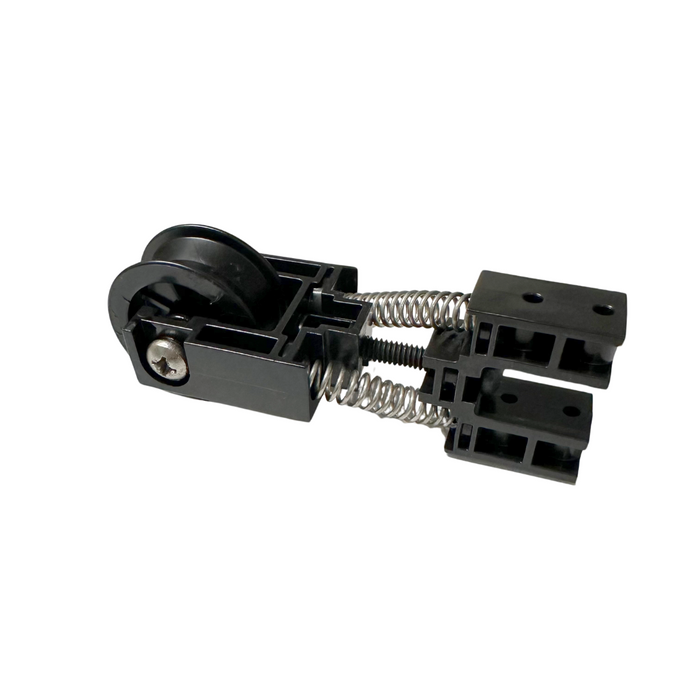 Minn Kota EXTENSION CABLE TENSIONER KIT P/N: 2773630 showing a black plastic and metal cable tensioner with dual springs and a pulley designed for fishing tackle and marine electronics use.