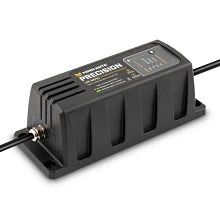 Minn Kota MK-106PCL (Precision Lithium) charger with black rugged casing and indicator lights designed for maintaining and charging fishing tackle lithium batteries efficiently.