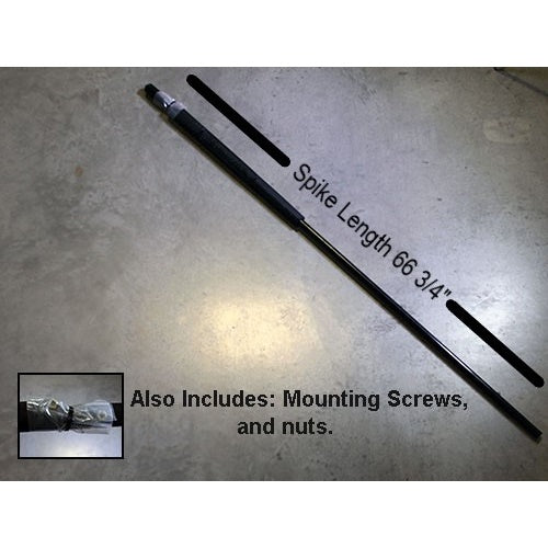 Minn Kota SPIKE KIT 10' RAPTOR P/N: 2772020 shows a black spike tool with a grip handle and included mounting screws and nuts, designed for fishing tackle equipment.