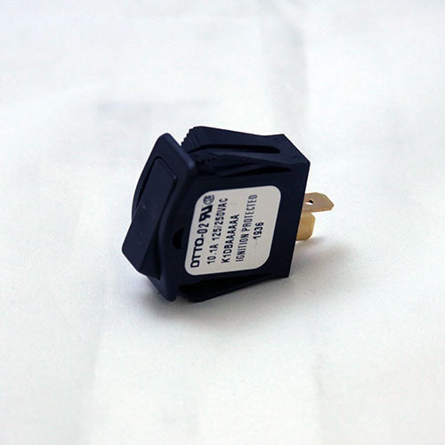 Black rectangular rocker switch with white label and three brass prongs, identified as Minn Kota SWITCH-POWER,ON/OFF (SUB) P/N: 2044022 for marine electronics use.