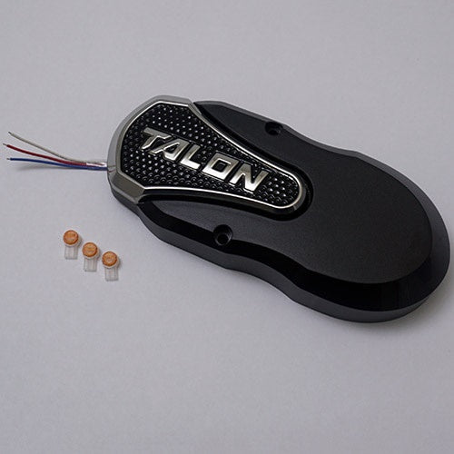 Minn Kota TALON BT LED TOP CAP ASM, BLK P/N: 2994152 shows a black and silver fishing trolling motor top cap assembly with wiring and three small clear connectors, designed for marine electronics use.
