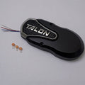 Minn Kota TALON BT LED TOP CAP ASM, BLK P/N: 2994152 shows a black and silver fishing trolling motor top cap assembly with wiring and three small clear connectors, designed for marine electronics use.